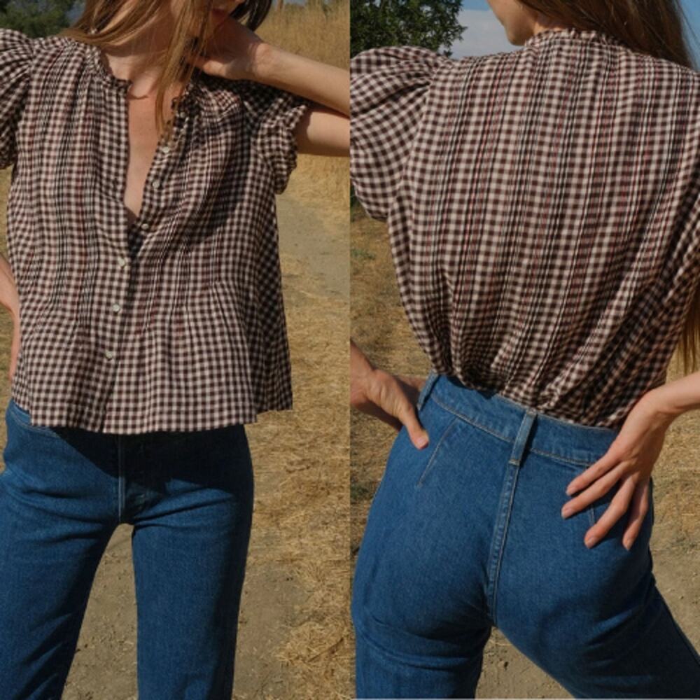 NWT Dôen Millie Ruffled Checked Organic Cotton-Voile Top Brown Size: Small
